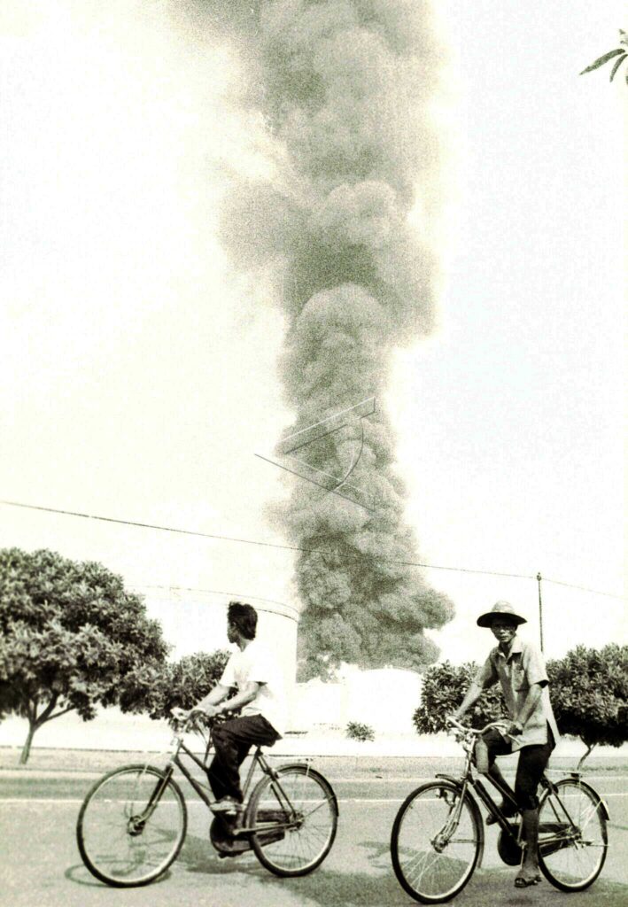 SMOKE DUE TO OIL TANK CAUGHT IN LIGHTNING STRIKE